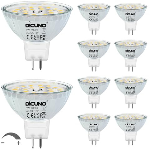DiCUNO MR16 LED Light Bulbs, GU5.3 Spotlight Bulb Dimmable, 12V DC 5W Equivalent to 50W Halogen, Natural White 4000K, 500LM, 120° Beam Angle Bi-Pin Base Track Light, 10 Packs