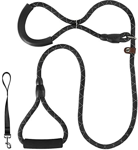 Vivifying Figure of 8 Dog Lead, 1.5M Reflective Nylon Rope Dog Lead Choker Leash with Padded Handle for Large, Medium Dogs (Black)