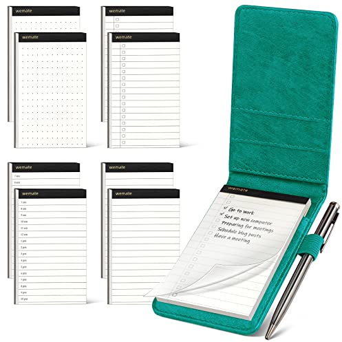 WEMATE 10 pièces Cuir PU Carnet de Poche,Bloc Note,8 Mini Bloc Notes de Poche avec recharges et stylo à bille en métal pour,Petit Carnet de Notes de Poche,pour bureau, école Vert
