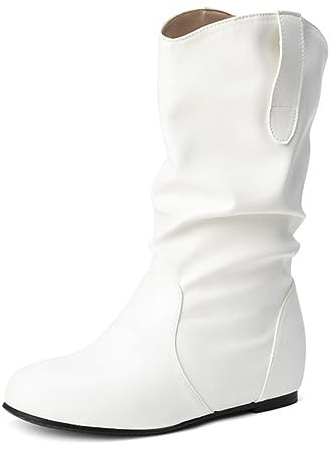 AngryMonkey Women's Wide Width Mid Calf Ankle Boots Flat Heel Slouchy Faux Leather Folds Winter Slip-on Knee High Boots Plus Size Cowgirl boot (White,8,8,Women,8)