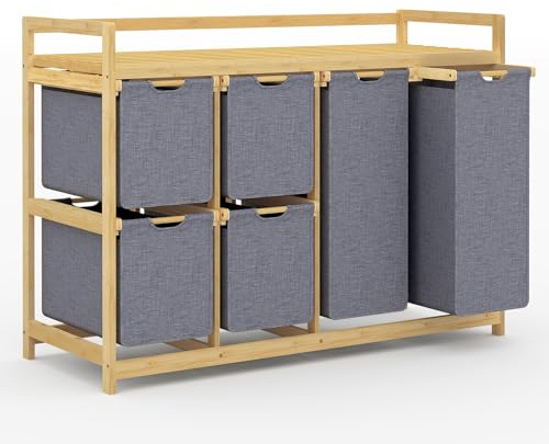 efluky 200L Wäschekorb 6 Fächer, Große Wäschesammler mit Korb Wäschesortierer mit 2 Wäschesäcken und 4 Stoffboxen, Laundry Basket Wäschebox Bambus Wäscheregal für Badezimmer, Schlafzimmer, Grau