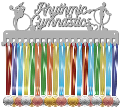 CREATCABIN Colgador Medallas Soporte Medallas Estante Gimnasia Rítmica Deportes Colgante Metal Premios Atletas Decoración Montaje Pared Hierro con 20 Ganchos para Medallas Cordón Cinta Plata 40x15cm