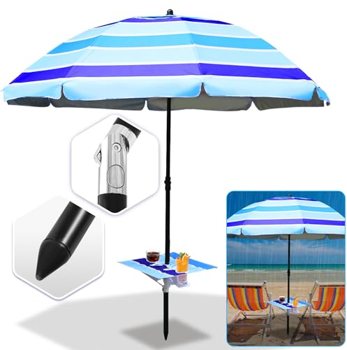 Eulenke einstellbar Strandschirm Sonnenschirm Strand Ø 213cm, UV50+, mit Tisch&Haken&Tragetasche, stark Regenschirmrahmen und Regenschirmgriffstruktur，Anti -Wind und Haltbarkeit，Blau gestreift