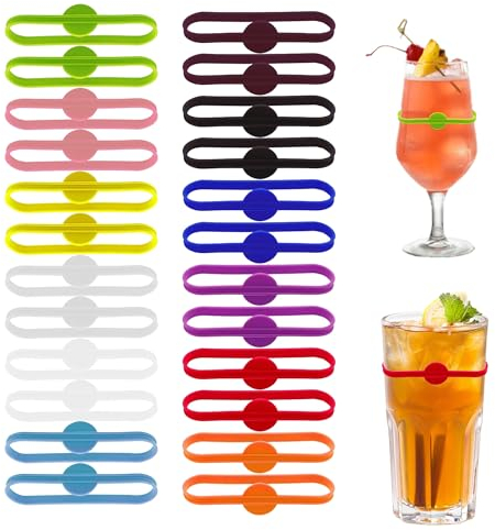 24 Stück Glas Markierung Trinkgläser Wiederver Wendbare Glasmarkierer Silikon Bunte Markierung für Gläser Glasmarkierer Gläser Markieren für Weingläser Wassergläser Cocktailbar Party-Dekoration