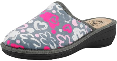JOMIX Hauspantoffeln Damen Winter Pantoffeln Warm Gefüttert Keilabsatz Offene Ferse Rutschfeste Leise Sohle Bequemes Fußbett Herzmuster Clogs Hausschuhe für Zuhause Made in Italy ITD1974 Grau 40