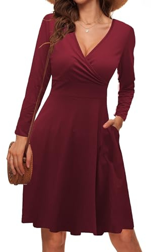 LIAMERHE Vestido Manga Larga Mujer Casual Vestidos Largos Cuello en V Elegante Vestido línea A Otoño Invierno Vestido Estampado con Bolsillos Burdeos M