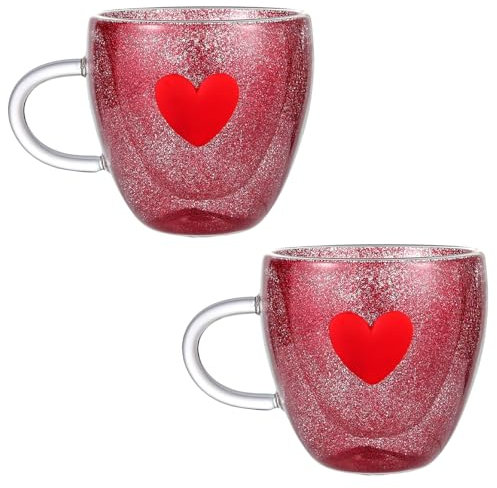 Marooma 2 Pcs Double Paroi en Forme de Coeur Tasses à café, Tasses en Verre isolé avec Poignée, Unique Rouge Coeur Verre Espressos Tasses pour thé, Lait, café, Cappuccino, Latte