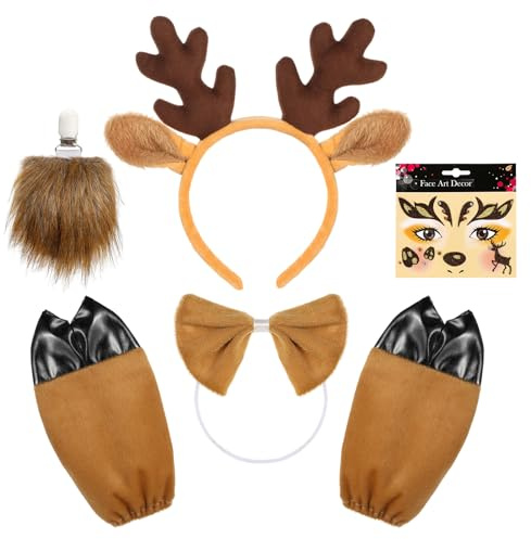 Hifot 5 stycken renar kostym vuxna barn, renhår ansikte stativ rådjur svans fluga handskar set, rådjur kostym kvinnor djurkostym tillbehör för halloween jul karneval cosplay fest