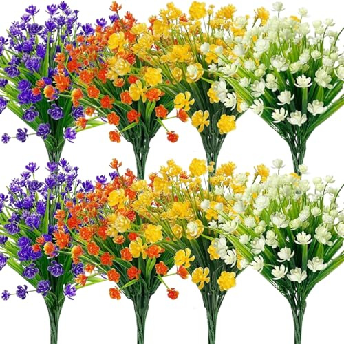 Quanfairy 16 Bundles of 4 Colors Artificial Flowers Outdoor, Fake Flowers Indoor Faux Plastic Greenery UV Resistant Shrubs Plants for Hanging Planter Home Garden Wedding Porch Window Graves Decor