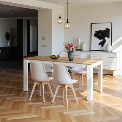 FURNITABLE Matbord med 4 stolar, matsalsstolar och rektangulära köksbord, matgrupp, sittgrupp för vardagsrum, kök, kontor (160 cm ekvita bordsben, bord + 4 vita stolar)