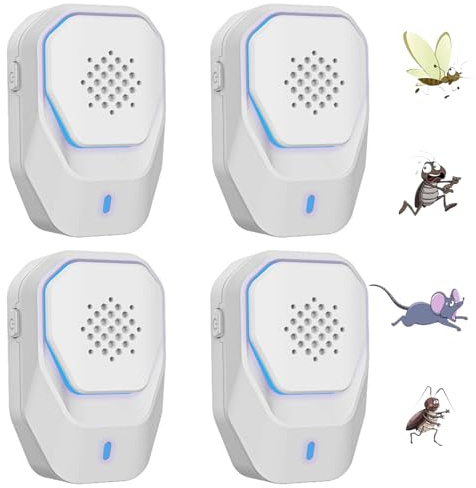 Repelente ultrasónicode Plagas, Repelente ultrasónico de Mosquitos y Control electrónico, Anti Ratones, Moscas, cucarachas, arañas, Hormigas, inofensivo para Mascotas y Humanos - (4 Pack)