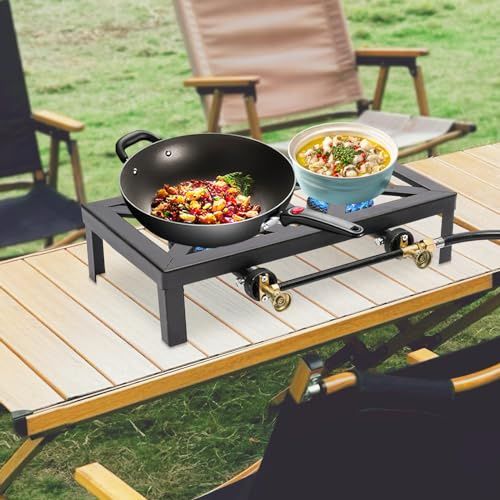 Réchaud à gaz à 2 feux pour bouteille de gaz, réchaud de camping portable en fonte avec brûleur wok pour camping et extérieur avec pieds, tuyau et détendeur