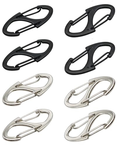 S-Shaped Mini Carabiner Clips - 8 Pack (4 Black, 4 Silver) Anti Theft Bag Locks with Zipper Clips for Handbags, Backpacks & Luggage