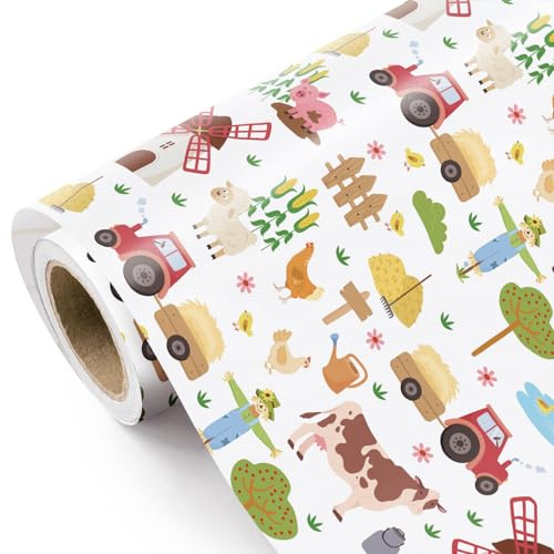 RUSPEPA Rotolo Di Carta Da Regalo Farmhouse - Mini Rotolo - 43,2 Cm X 5 M - Carta Da Regalo Con Animali Da Fattoria Per Compleanno, Baby Shower, Regali Di Campagna