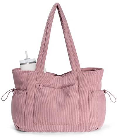 ECOHUB Bolsa Tote Bag Mujer Grande Bolsos Mujer Pana, Bolso Ordenador Portátil de 15,6 Pulgadas con Acolchado Compartimento, 8 Bolsillos, Bolso Shopper para Universidad Trabajo, Rosa