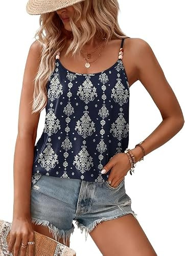 Crsiphee Women Summer Vest Tops Beaded Sleeveless Flowy Cami Scoop Neck Spaghetti Strap Shirts Loose Fit Boho Trendy Clothes for Beach Holiday 2026 Navy M