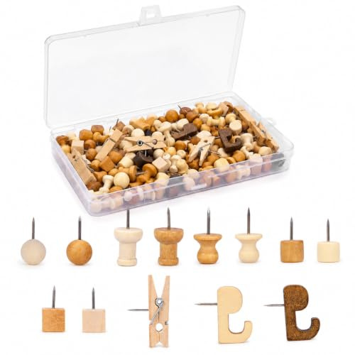 Punaises en Bois 200 PièCes, 7 ModèLes avec BoîTe Plastique, éPingles à TêTe Ronde pour Fixer Cartes Photos Notes, pour Tableau LièGe Bureau éCole Maison