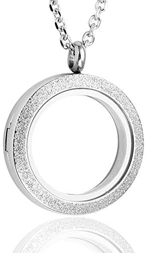 PiercingJ 316L Edelstahl Floating Charms Medaillon Living Memory Matte Rund Locket Anhänger Halskette mit 24 Kette für Damen Herren (Silber, 30mm)