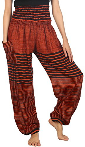 Lofbaz Harem Pants for Women Hippie Boho Festival Clothing - Bohemian Trousers for Yoga Beach Summer - Smocked Waist with Pockets - Colourful 1 Orange L