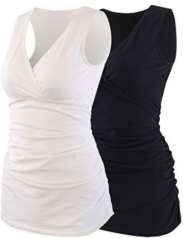 ZUMIY Top maternità e prémaman, Cotone V Neck Donna Increspato Camicia di maternità Vita/Gravidanza T-Shirt (L, Black+White/2-pk)