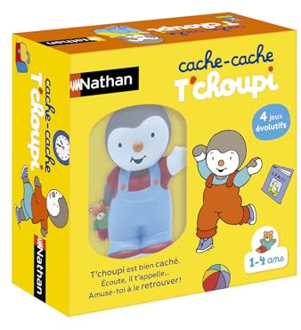 Nathan - T'choupi - Cache-Cache - Jeu Éducatif Intéractif - 1 à 4 Ans | 4 Jeux Évolutifs - Développe Motricité, Langage, Socialisation - Figurine T'Choupi Parlante, 24 Cartes - Dès 12 mois