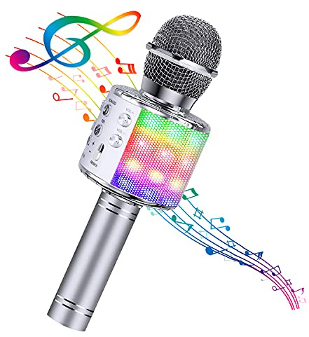 BlueFire 4 in 1 Karaoke Wireless Microphone with LED Lights, Portable Microphone for Kids, Great Gifts Toys for Kids, Girls, Boys and Adults (Silver)