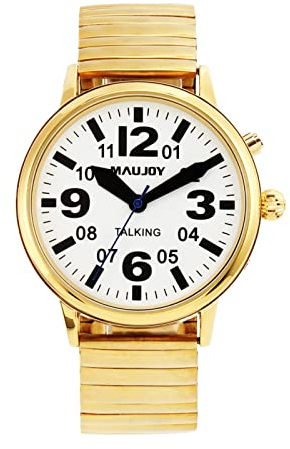 MAUJOY Montre Parlante pour Hommes(Bracelet à Ressort Doré et Plaqué Or) Voix Française Forte & Claire - Affiche Heure, Date, Alarme - Idéale pour Âgés, Malvoyants, Aveugles, Amnésiques
