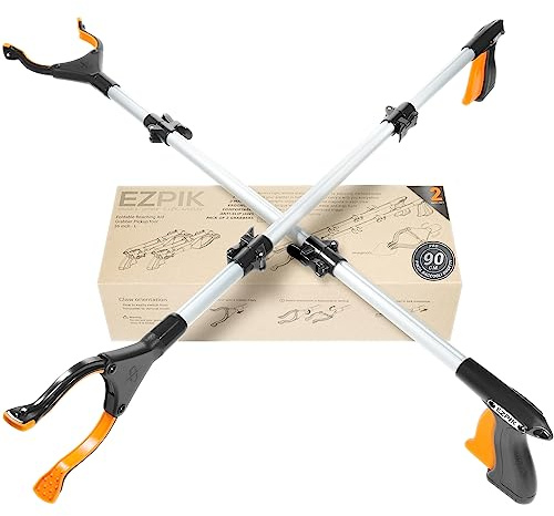 EZPIK® Pinzas Recoge Objetos 90 cm - Pinzas Extensibles para Personas Mayores - Palo con Imán Telescópico para Minusválidos y Ancianos - Pinza Recoger Basura y Fruta [Color Plateado, Pack 2]