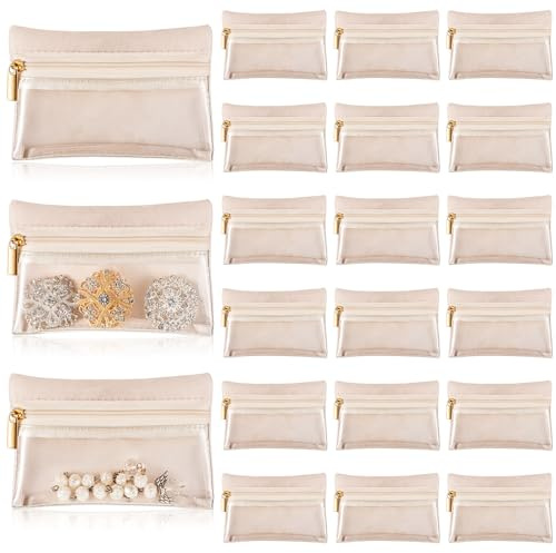 Uiifan 36 Pcs Travel Jewelry Bag Bulk Zipper Jewelry Pouch Flannel Portable Pocket Organizer for Necklace Earring Women Gift(4.53 x 3.15 Inch,Beige)