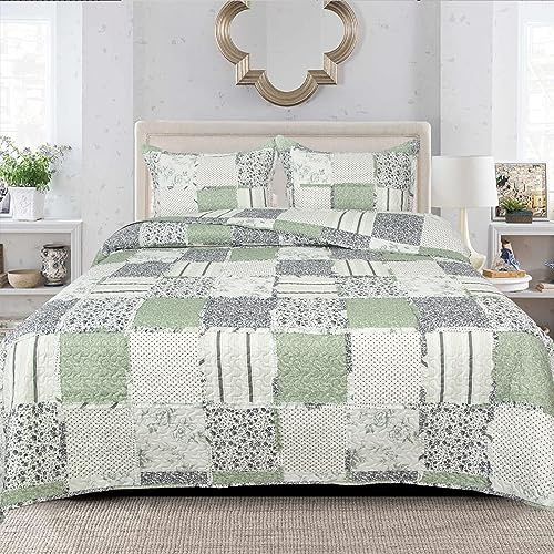 PHP Patchwork Bedspread Box Pattern 100% Cotton Filling Reversible Quilted Throw For Bedroom Decor - Warm Quilt Coverlets Blankets Bedspread with Pillow Case (Olive - Des 1, Single)