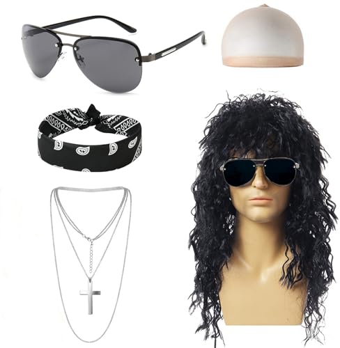 Hifot Rockstar Perücke 70er 80er 90er Jahre Outfit Herren, Kreuz Halskette Bandanas Sonnenbrille Punker Kostüm Zubehör 80s Gothic Rock Kit Perücke Schwarz Locken Disco Kostüm für Cosplay Halloween