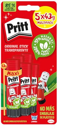 Pritt Stick Barra Adhesiva 43 g (pack de 5), pegamento infantil seguro para niños para manualidades, cola universal de adhesión fuerte para estuche escolar y oficina