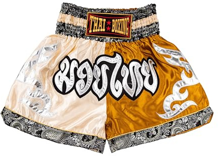 MUAY NATION Pantalones Cortos de Muay Thai para Hombres y Mujeres, Corte Ajustado, Shorts de Boxeo MMA para Entrenamiento, Ropa de Kickboxing (FR/ES, Letras, L, Regular, Regular, Crema/Dorado)