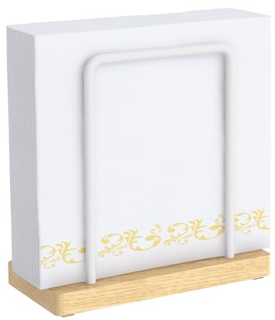 STWWO Servilletero de Mesa Servilletero de Metal Blanco Soporte Servilletas Verticalde Dispensador de Servilletas para Decoración de Cocina Comedor Bar, Base de Madera, 14cm High