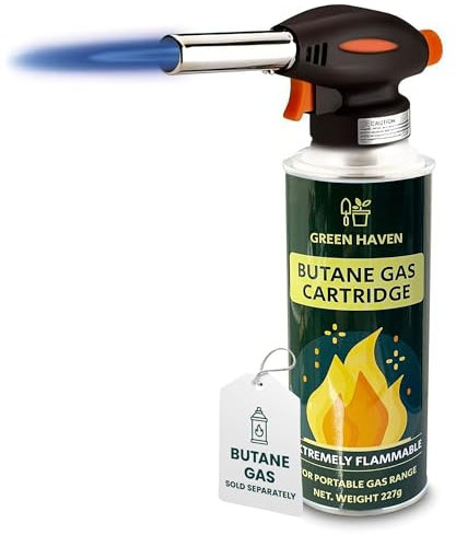 Green Haven Torcia a gas con una sola mano con fiamma regolabile e blocco di sicurezza, adatta a tutti i serbatoi di butano, ideale per creme brûlée, dessert, barbecue, cottura e carne bruciata