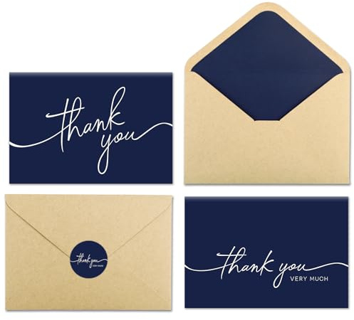 Paquete de 30 tarjetas de agradecimiento con sobres, tarjetas de agradecimiento azul marino, tarjeta de agradecimiento elegante de 4 x 6 pulgadas para negocios, baby shower, boda, pequeña empresa,
