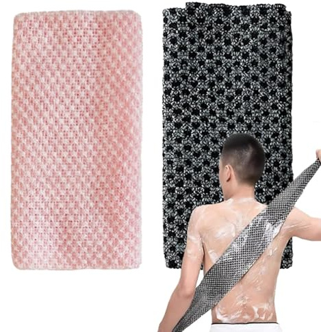 Juego de 2 piezas de exfoliante japonés para la espalda, paño exfoliante para hombres y mujeres, paño largo para limpieza corporal y masaje (negro rosa)