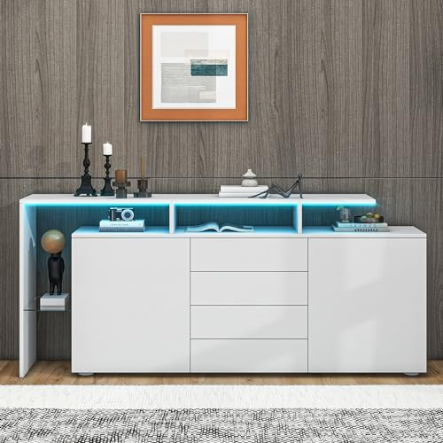 boorbin Kommode, Sideboard mit LED, Wohnzimmermöbel in Weiß Hochglanz, Wohnzimmerschrank, Standschrank, TV-Schrank, Wohnzimmerwand, Highboard, Mehrzweckschran (Weiß, 160 * 35 * 70CM)