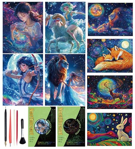 Georgie Porgy Scratch Picture Set DIY Craft Kits for Children & Adults: Magic Rainbow A4 Scratch Paper (Glow-in-the-Dark Star Beast + Constellation)