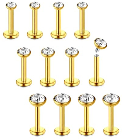 D.Bella 12Pcs 16G Lip Studs Labret Bars Stainless Steel 6mm Gold Helix Tragus Stud Piercing Jewellery