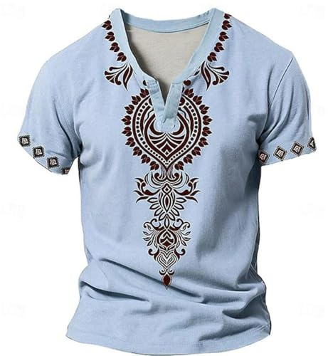 Vhersily Uomo Camicia in Lino di Cotone, Henley Shirt Maglietta da Spiaggia Hippie Medievale Stile Vichingo Lacci, Rinascimentale Steampunk Pirata Con Stampa Totem Etnici Africani, Regalo per Papà