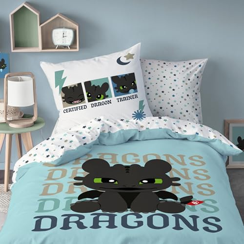 MTOnlinehandel Biancheria da letto Dragons 135 x 200 + 80 x 80 cm, biancheria da letto per bambini, 100% cotone, motivo reversibile, set di biancheria da letto per ragazzi, chiusura lampo, idea regalo