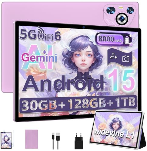 Dghrti 2025 Tablette Tactile Android 15 10 Pouces, Écran IPS HD, 30Go RAM et 128Go + Extension 1To, Octo-Core et 8000mAh, WiFi 6, Widevine L1-5+8MP - Châssis en métal - Tablette avec étui - Violet