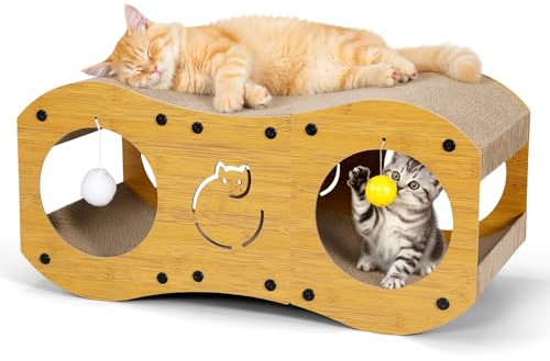 Gimars Griffoir en Carton Multifonctionnel 3-en-1 avec Jouets Balles Interactives, Station de Grattage et de Repos pour Chats, Design Naturel Bois d'Érable