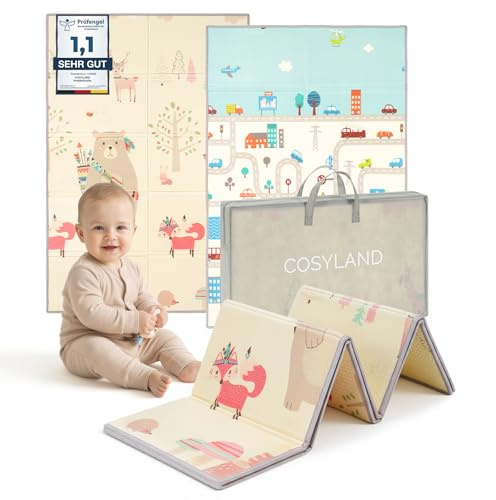 COSYLAND Tappeto Gioco Bambini Pieghevole Neonato - Tappeto Gioco Neonato Impermeabile Morbido 120 x 180 x 1cm,Tappetino per Attività, Schiuma Sicura, Reversibile, Regalo Bambino (Orso & City Car)