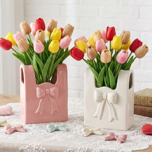 2 Pcs Pink Bow Vase Ceramic Vase Pink and White Vase Makeup Brush Pen Holder Valentine's Day Gifts Women Gift for Wedding Home Office Shelf Table Room (Handbag Bow)