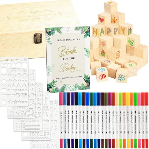 BRICH 87-teiliges Baby Shower Party Set mit Deko,56 Holzbausteine für Gästeaktivitäten,24 Buntstifte und kreative Vorlagen Partyaktivitäten und Gastgeschenk für Baby Shower für Jungen und Mädchen