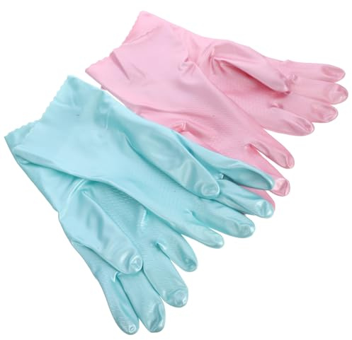Unomor Reusable Dish Washing Gloves 2 Pairs Thickened Rubber Cleaning Mittens Waterproof Kitchen Gloves for Household Chores, Large Size, Blue and Pink