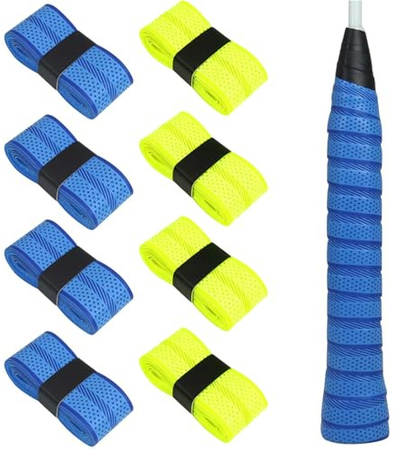 Sxingh 8 stycken greppband, tennisracket, 4 blå + 4 neongul, halkfritt overgrip badmintonracket med perforering, självhäftande halkfritt greppband för tennis, badminton, squash