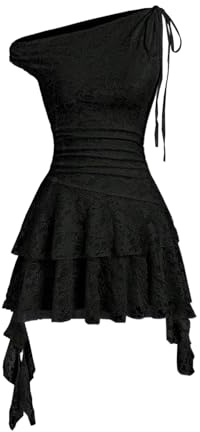 GORGLITTER Women's Lace Tiered Ruffle Mini Dresses One Off Shoulder Tie Knot Ruched Flared Flowy Dress Going Out Party Outfits Black Medium